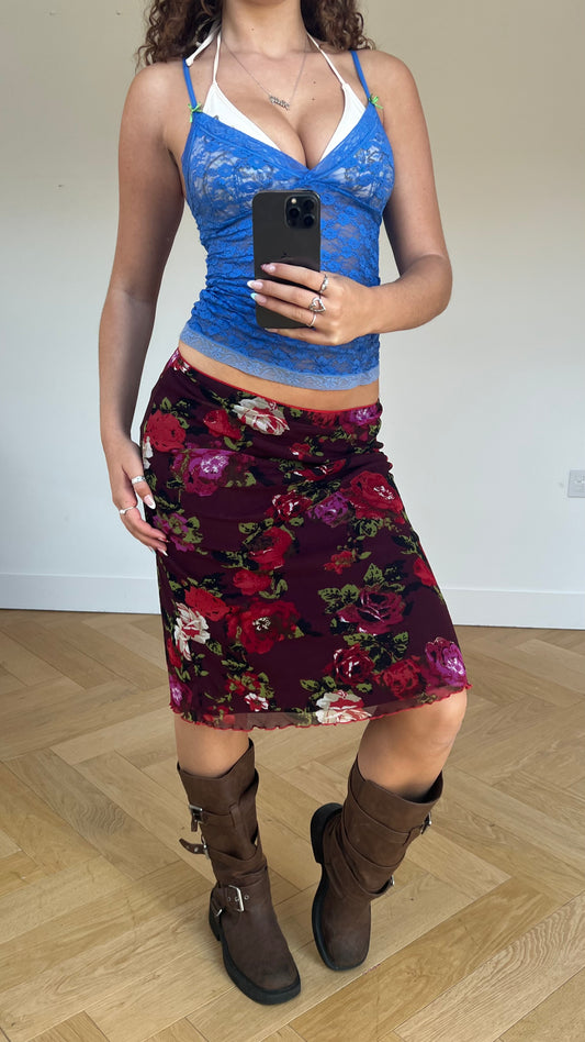 00s red floral midi skirt- size S