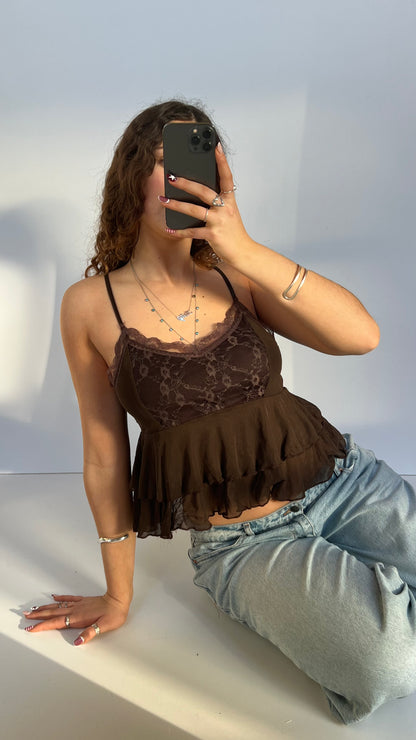 00s brown lace ruffle cami- size M
