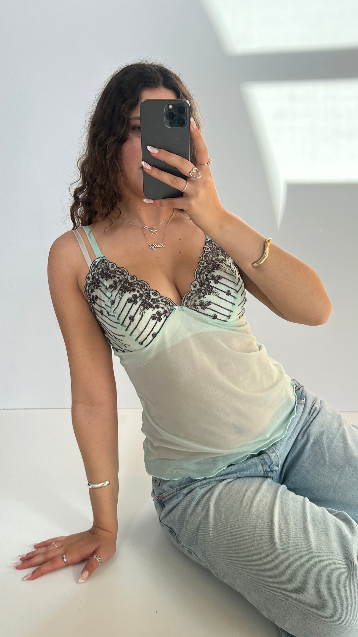 00s blue mesh lace cami- size L