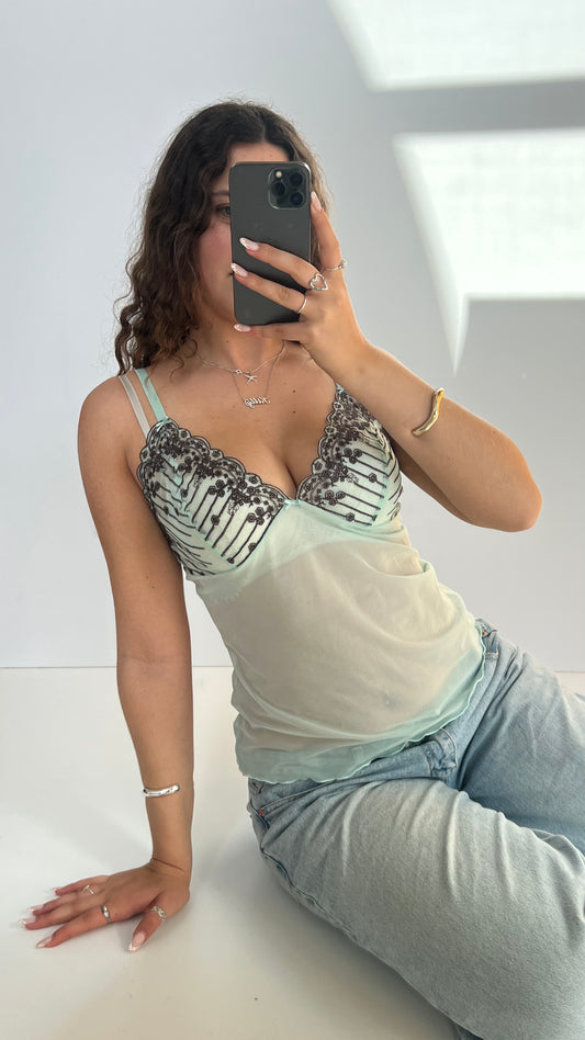 00s blue mesh lace cami- size L