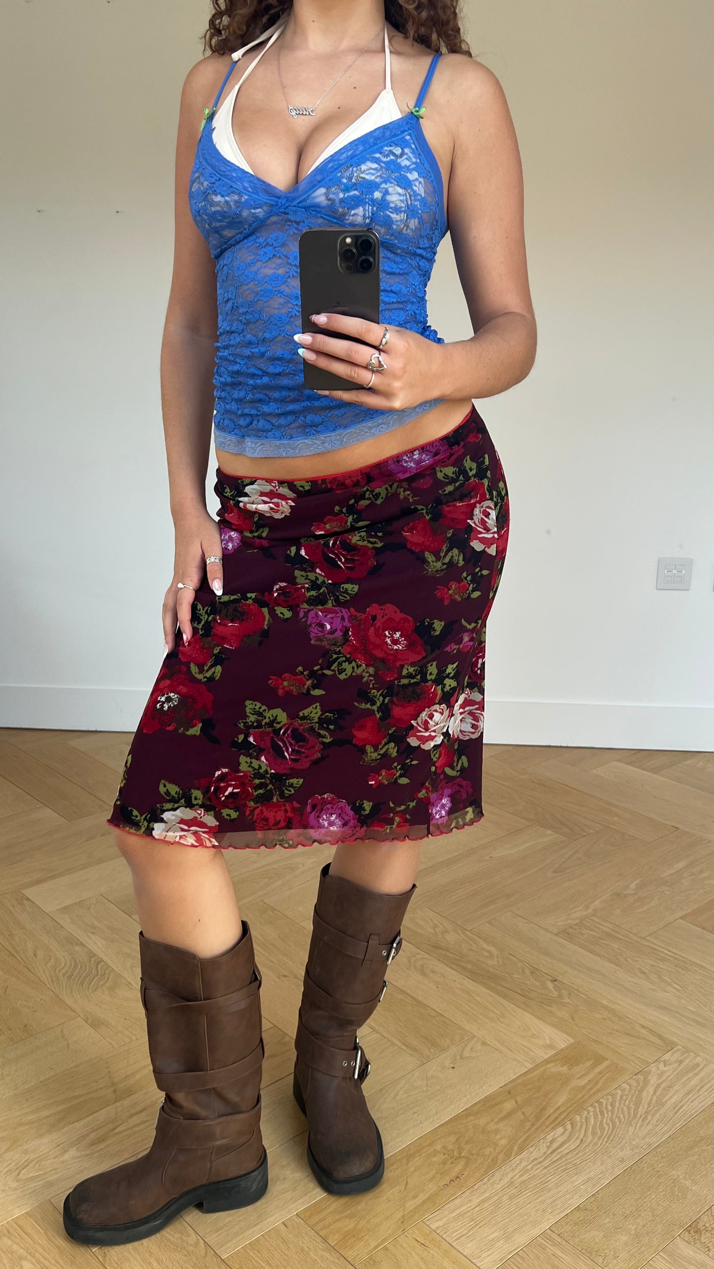 00s red floral midi skirt- size S