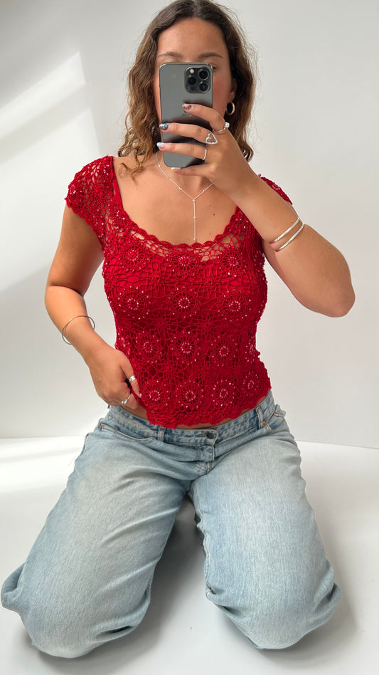 00s red crochet babydoll top- size M