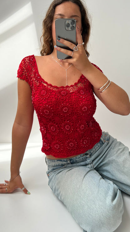 00s red crochet babydoll top- size M