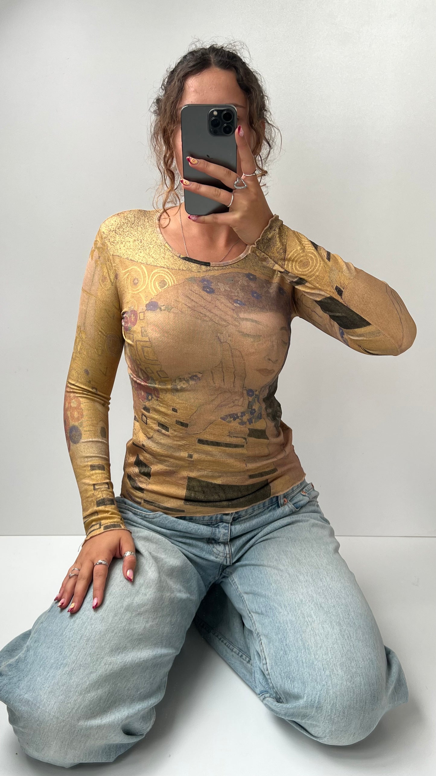 00s gold graphic long sleeve top- size S/M