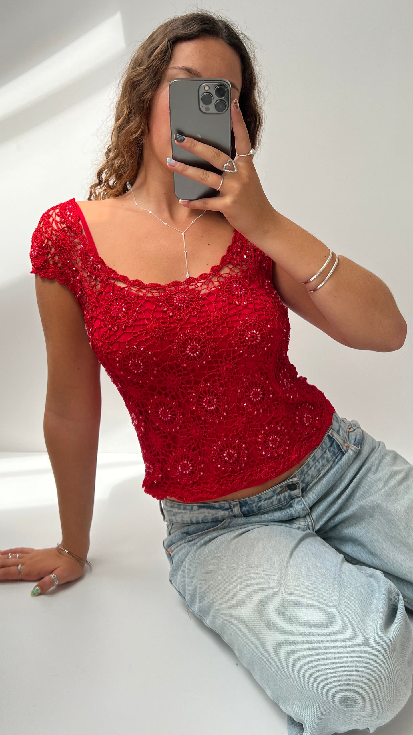00s red crochet babydoll top- size M