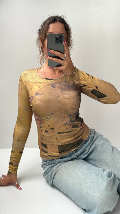 00s gold graphic long sleeve top- size S/M