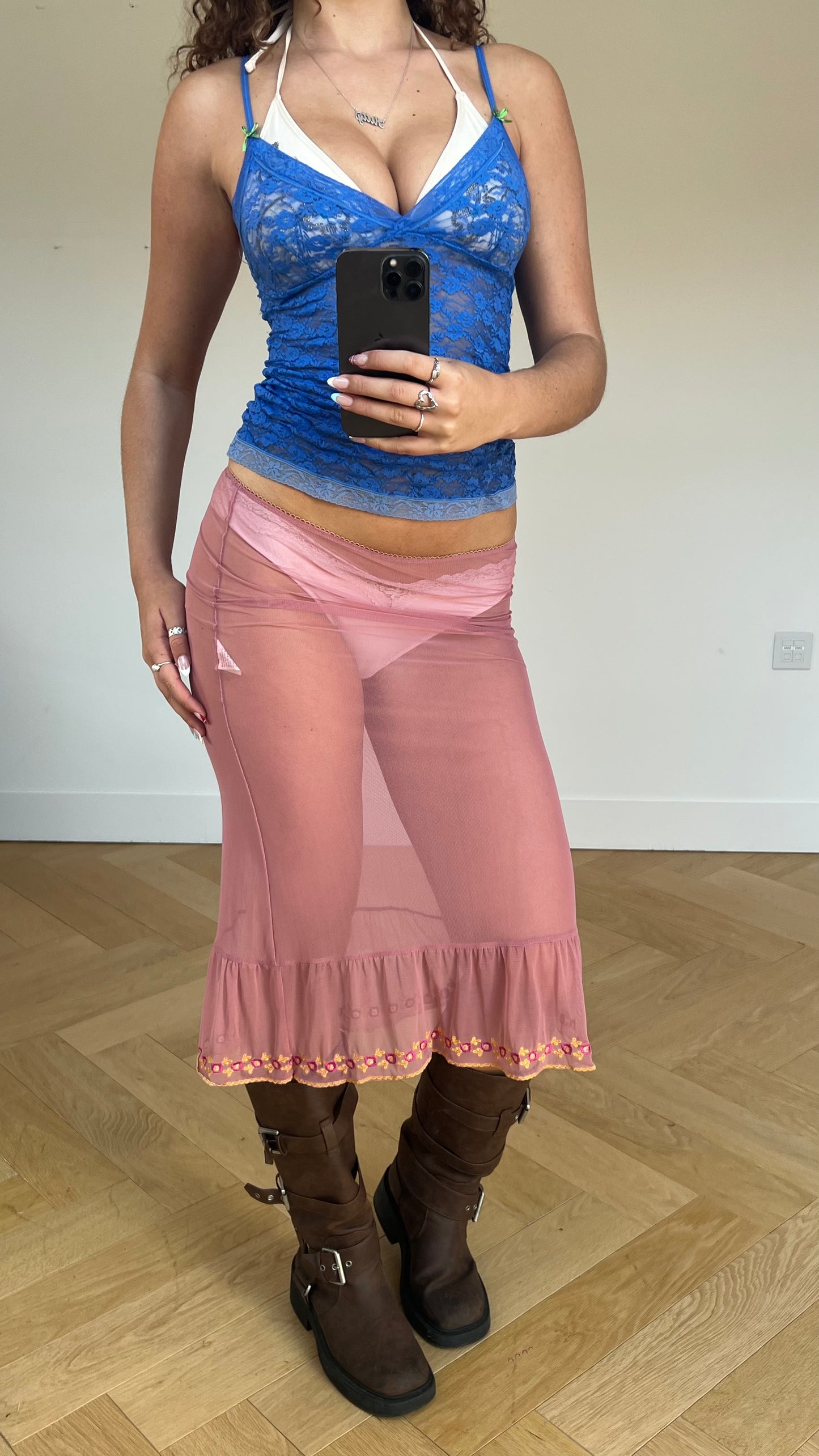 00s pink mesh midi skirt- size S