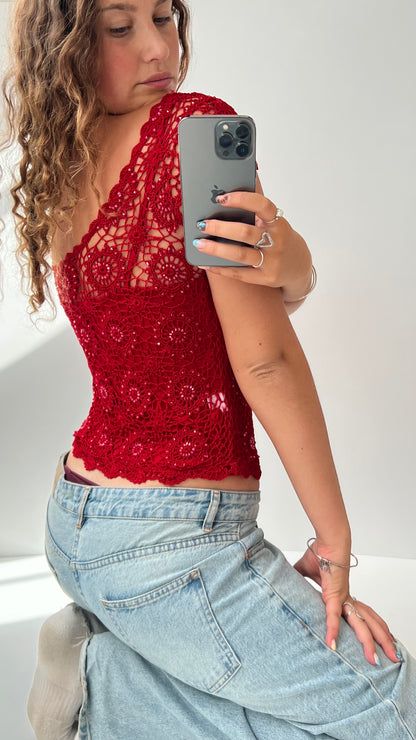 00s red crochet babydoll top- size M