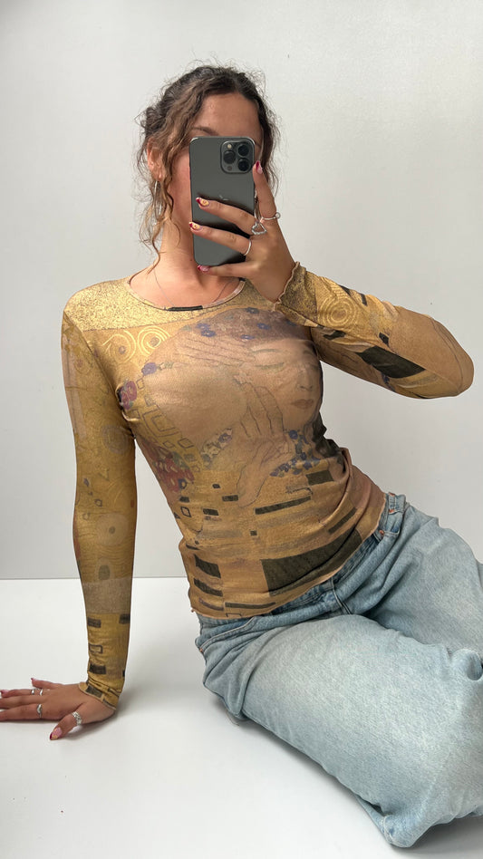 00s gold graphic long sleeve top- size S/M