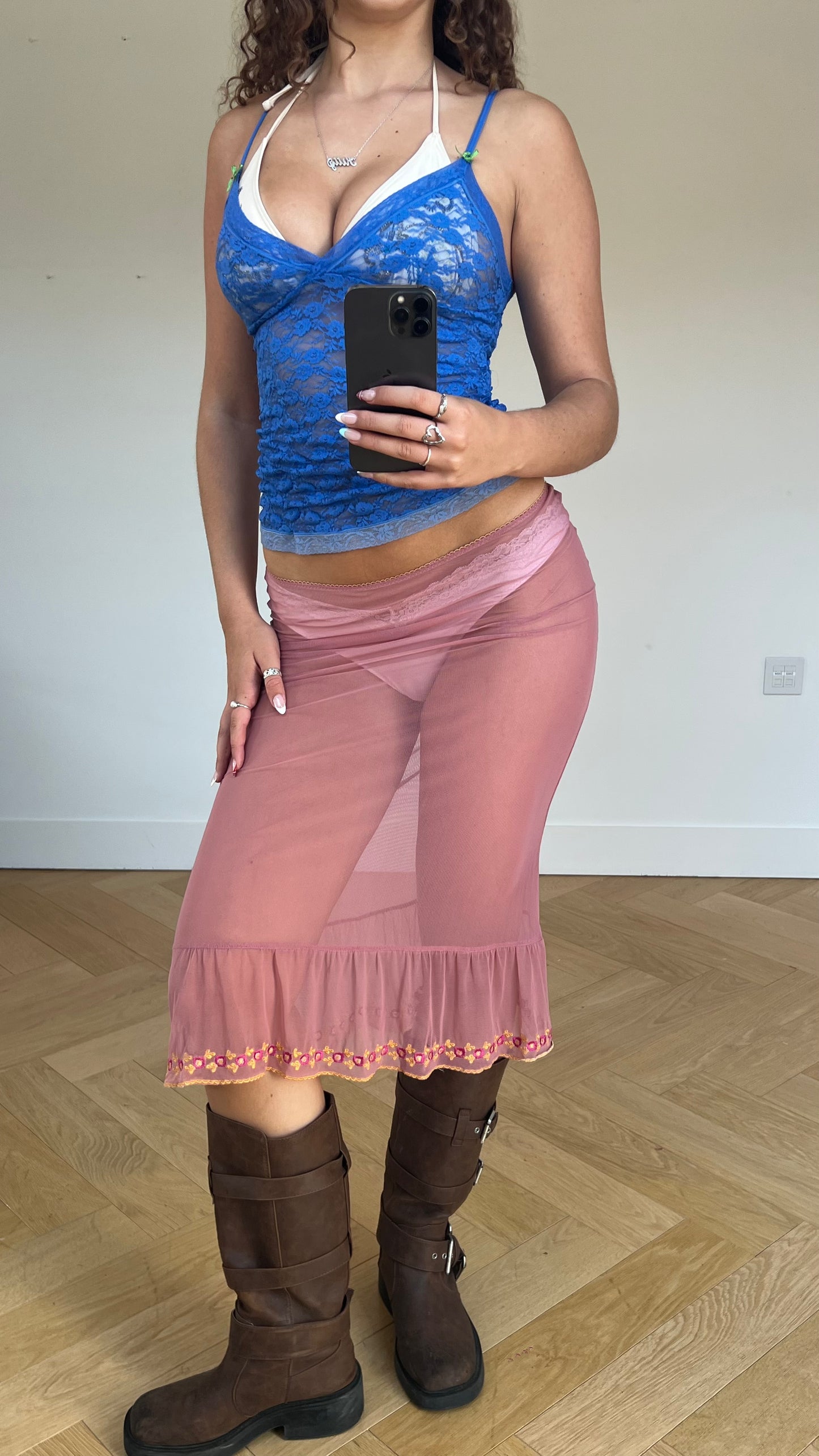 00s pink mesh midi skirt- size S