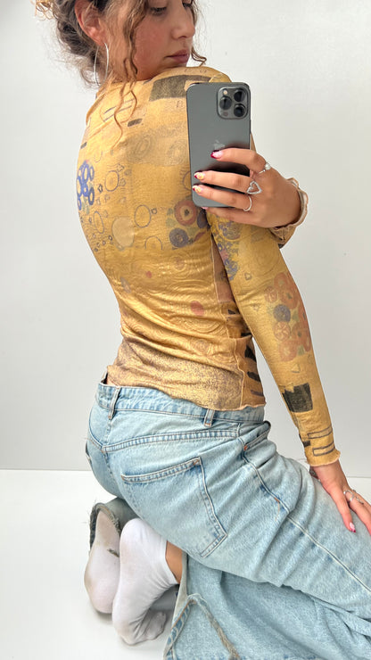 00s gold graphic long sleeve top- size S/M