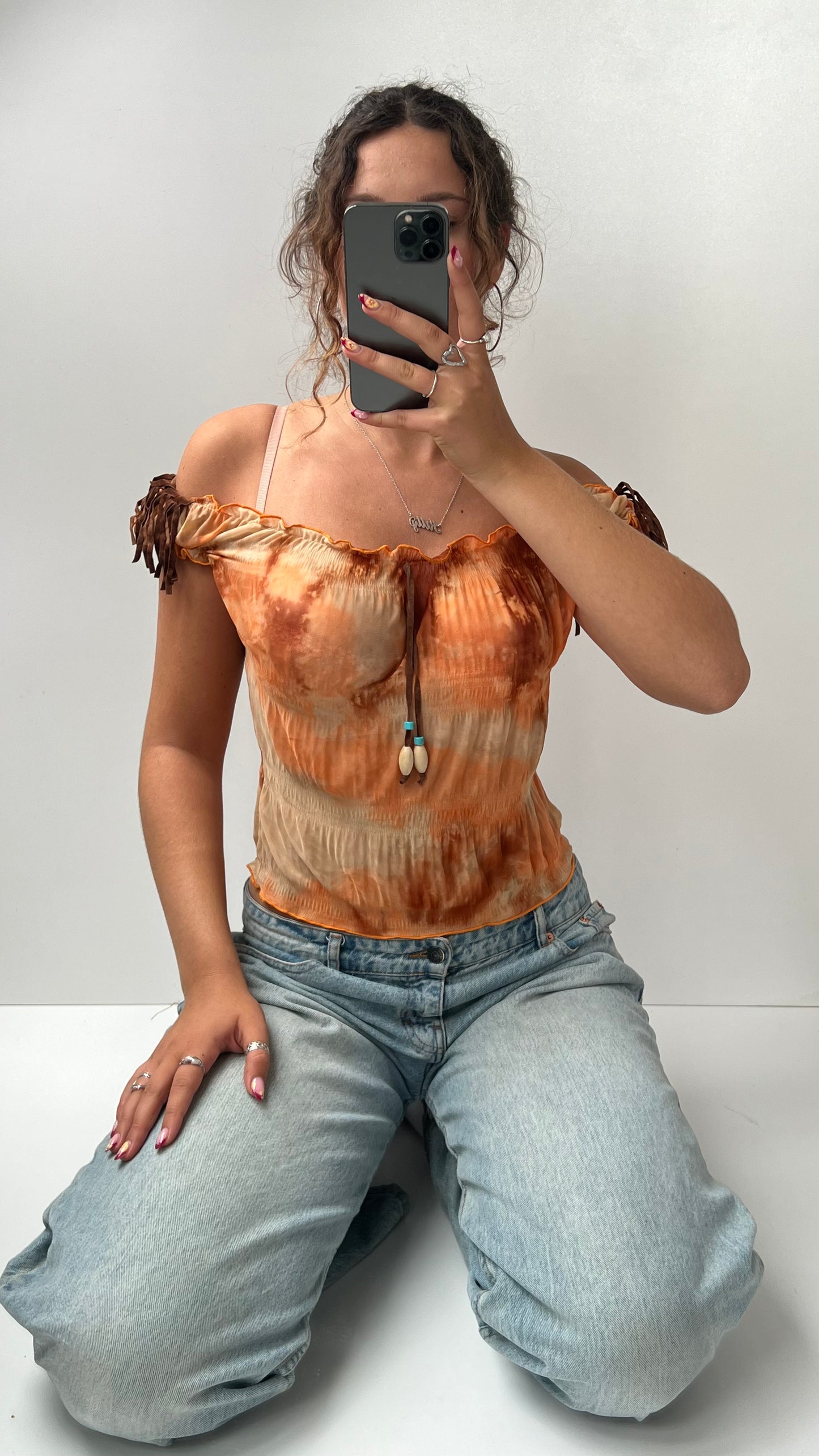 00s orange mesh fringe top- size S