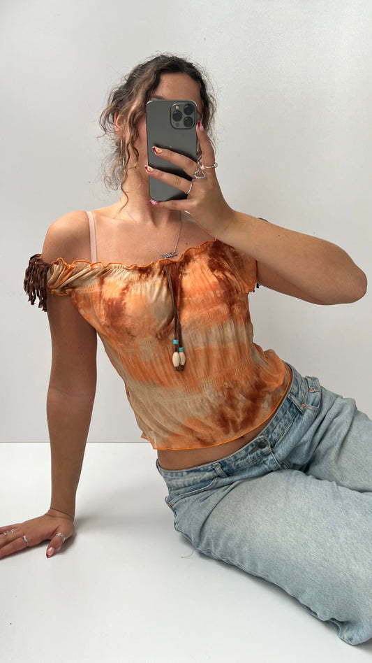 00s orange mesh fringe top- size S