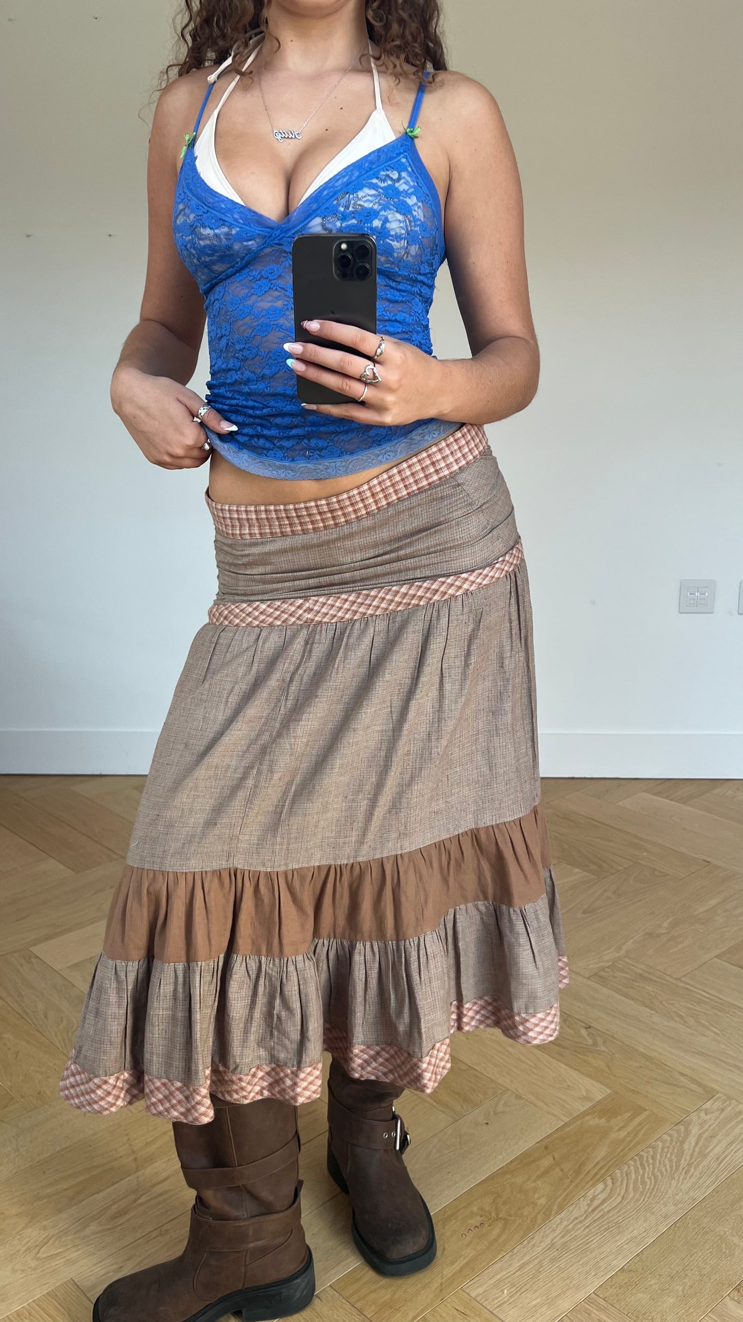 00s brown plaid maxi skirt- size XS