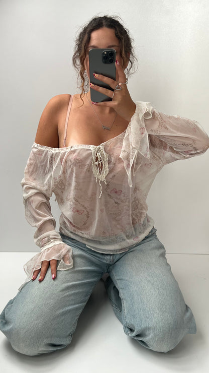 00s white butterfly mesh long sleeve top- size XL