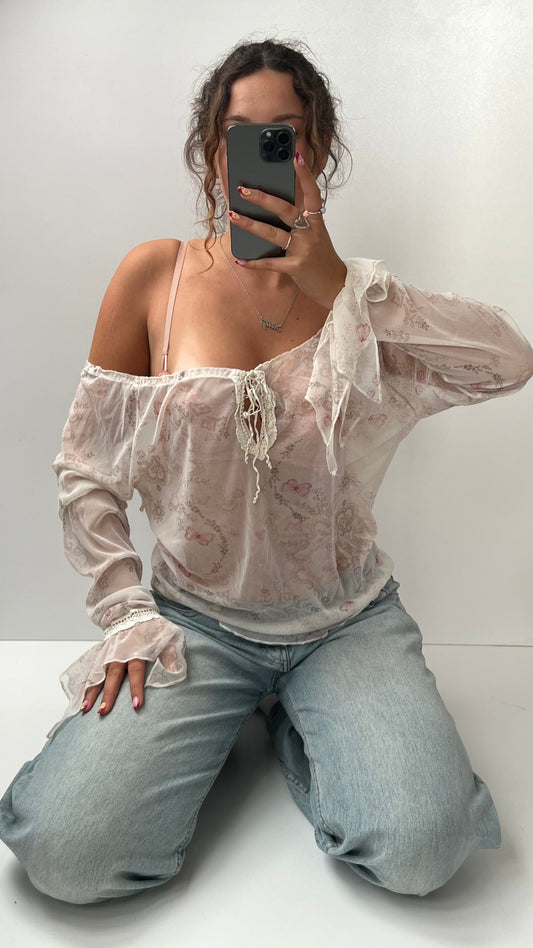 00s white butterfly mesh long sleeve top- size XL