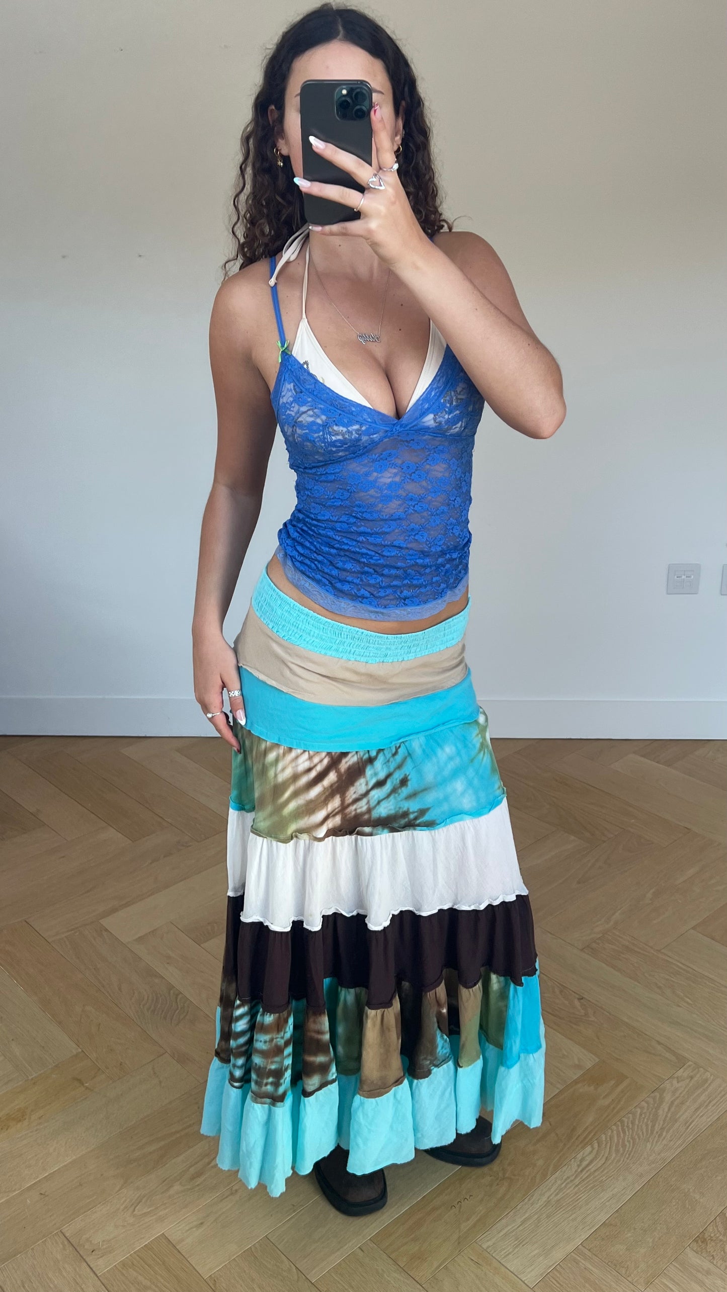 00s blue tiered maxi skirt- size S