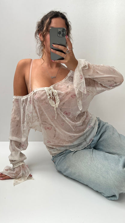 00s white butterfly mesh long sleeve top- size XL