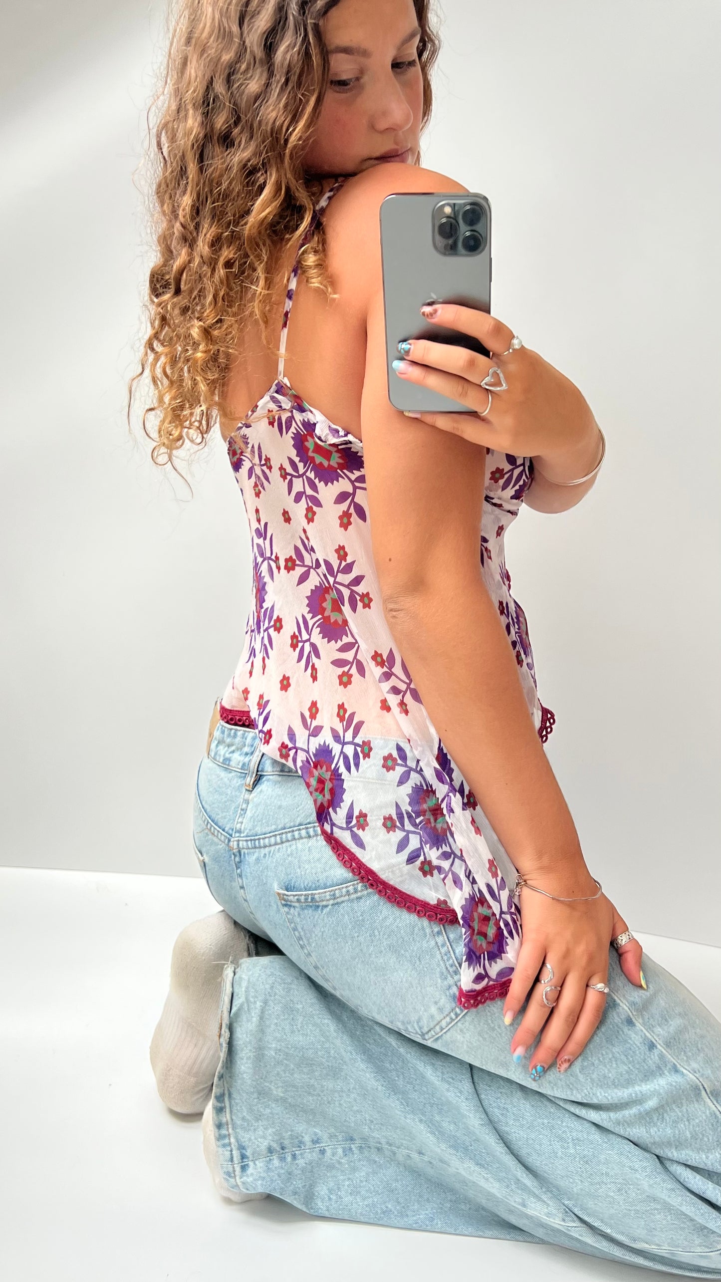 00s white floral silk cami- size XS