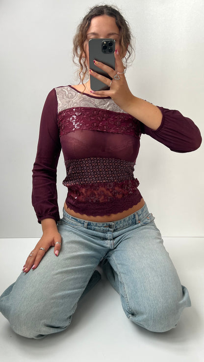 00s burgundy mesh long sleeve top- size S