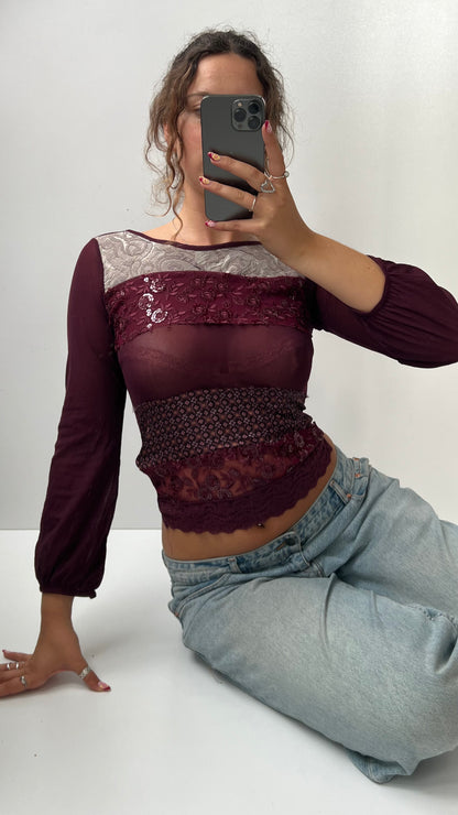 00s burgundy mesh long sleeve top- size S
