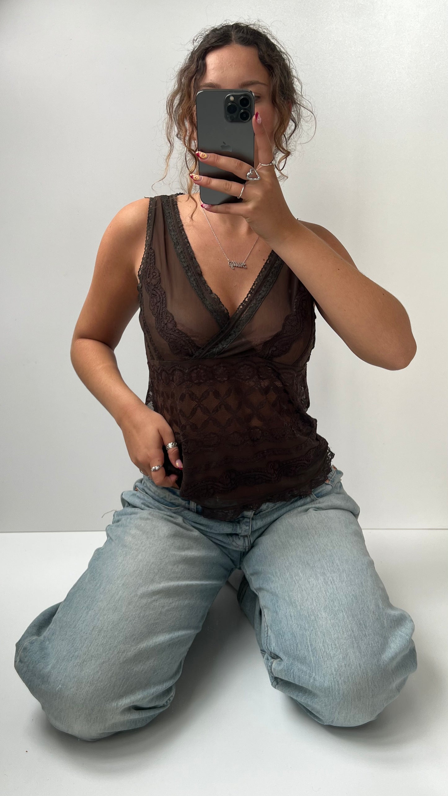00s brown mesh babydoll top- size M