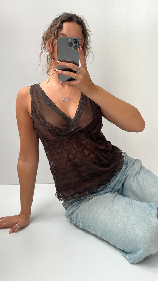00s brown mesh babydoll top- size M