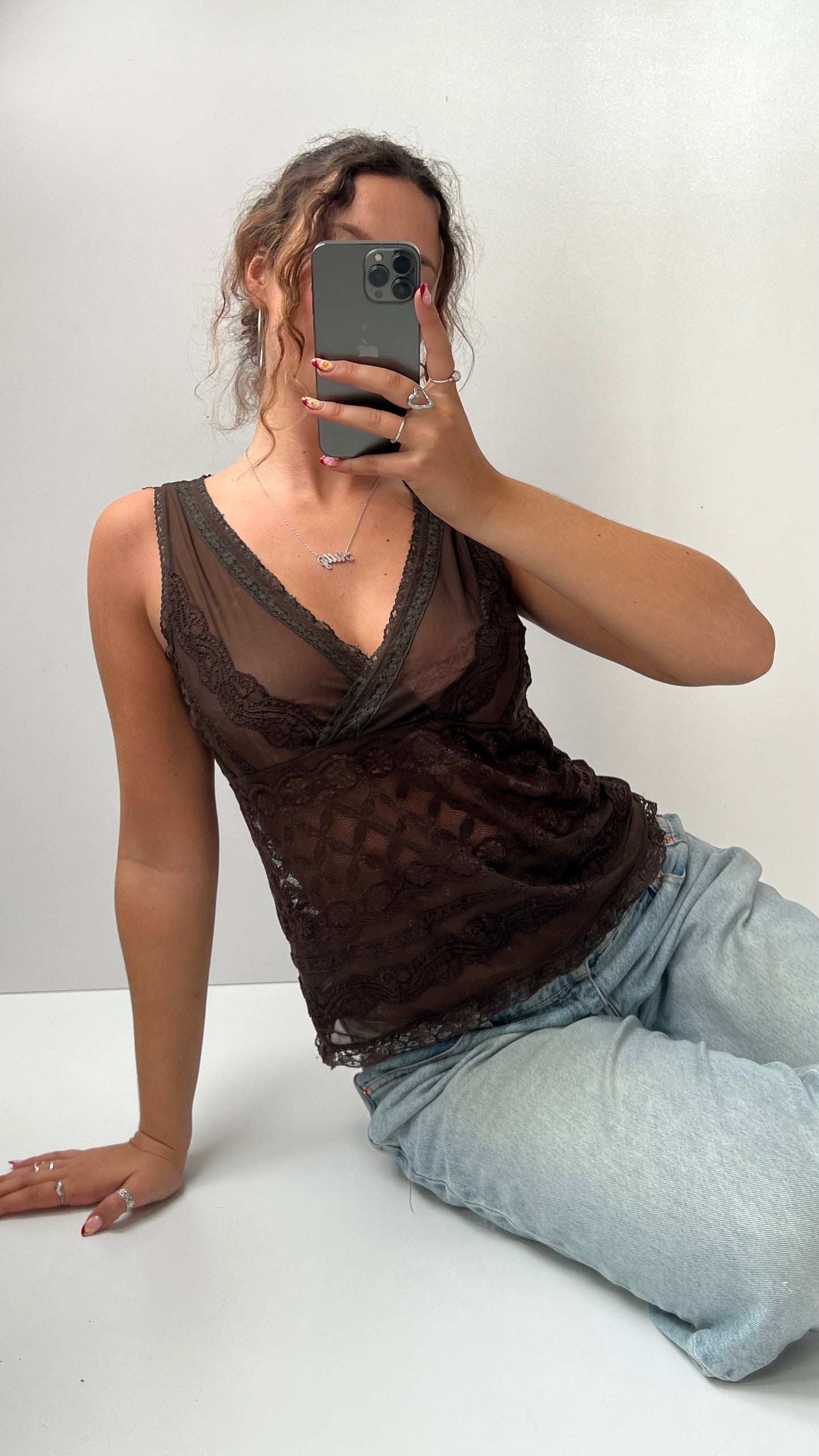 00s brown mesh babydoll top- size M