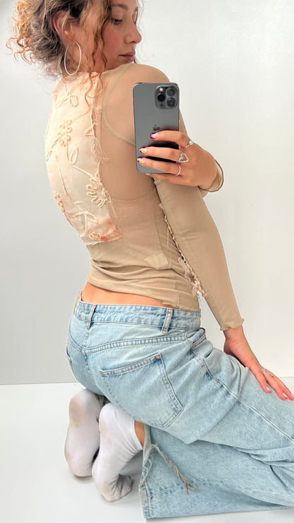 00s cream patchwork mesh long sleeve top- size S