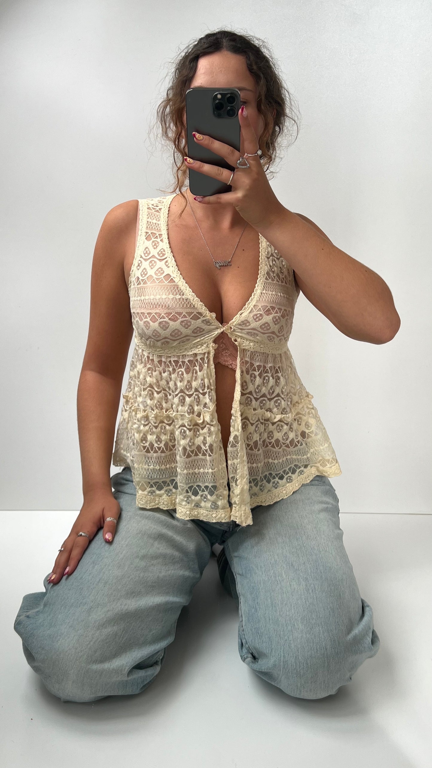 00s cream lace babydoll top- size S