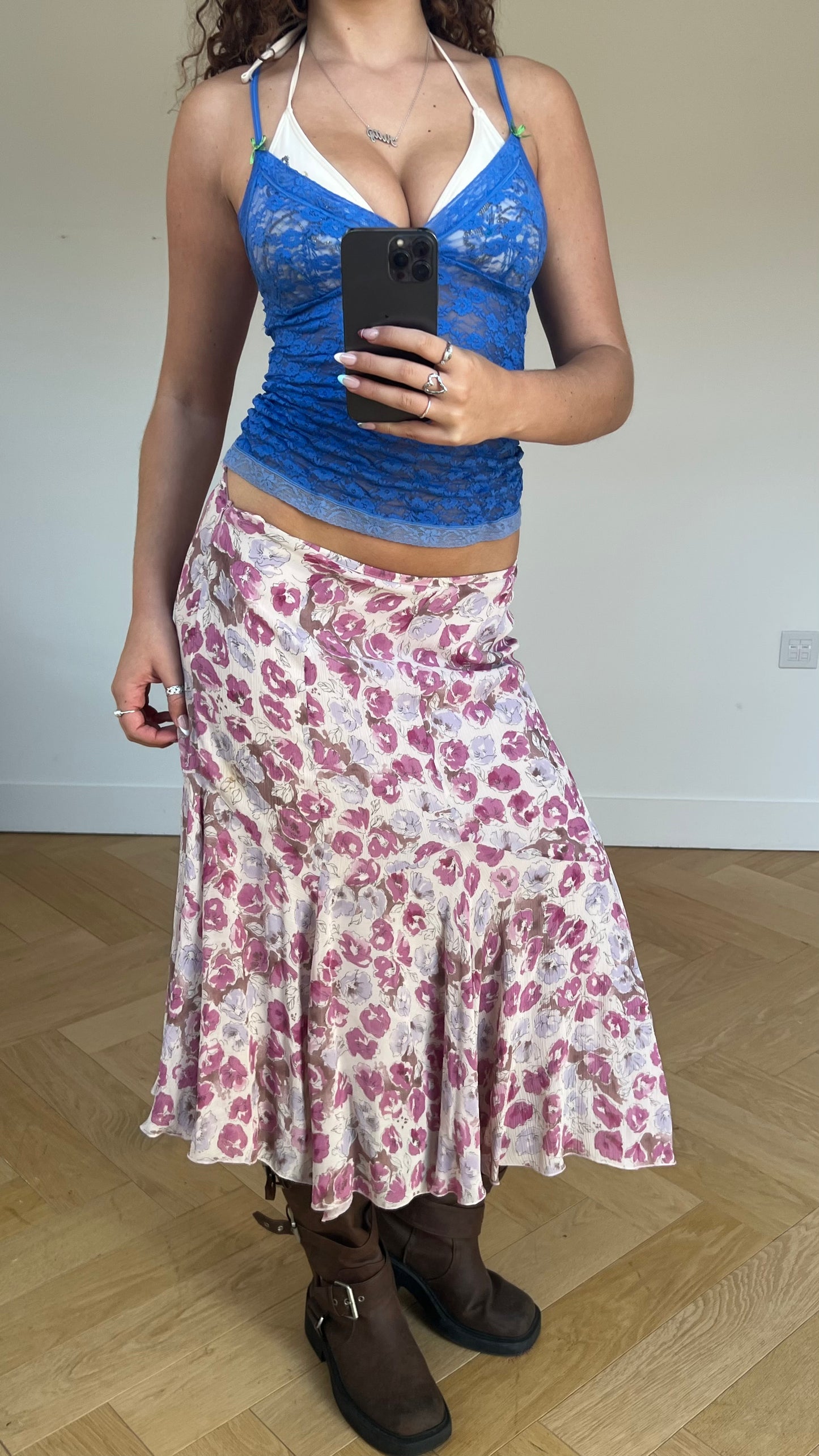 00s pink floral midi skirt- size S