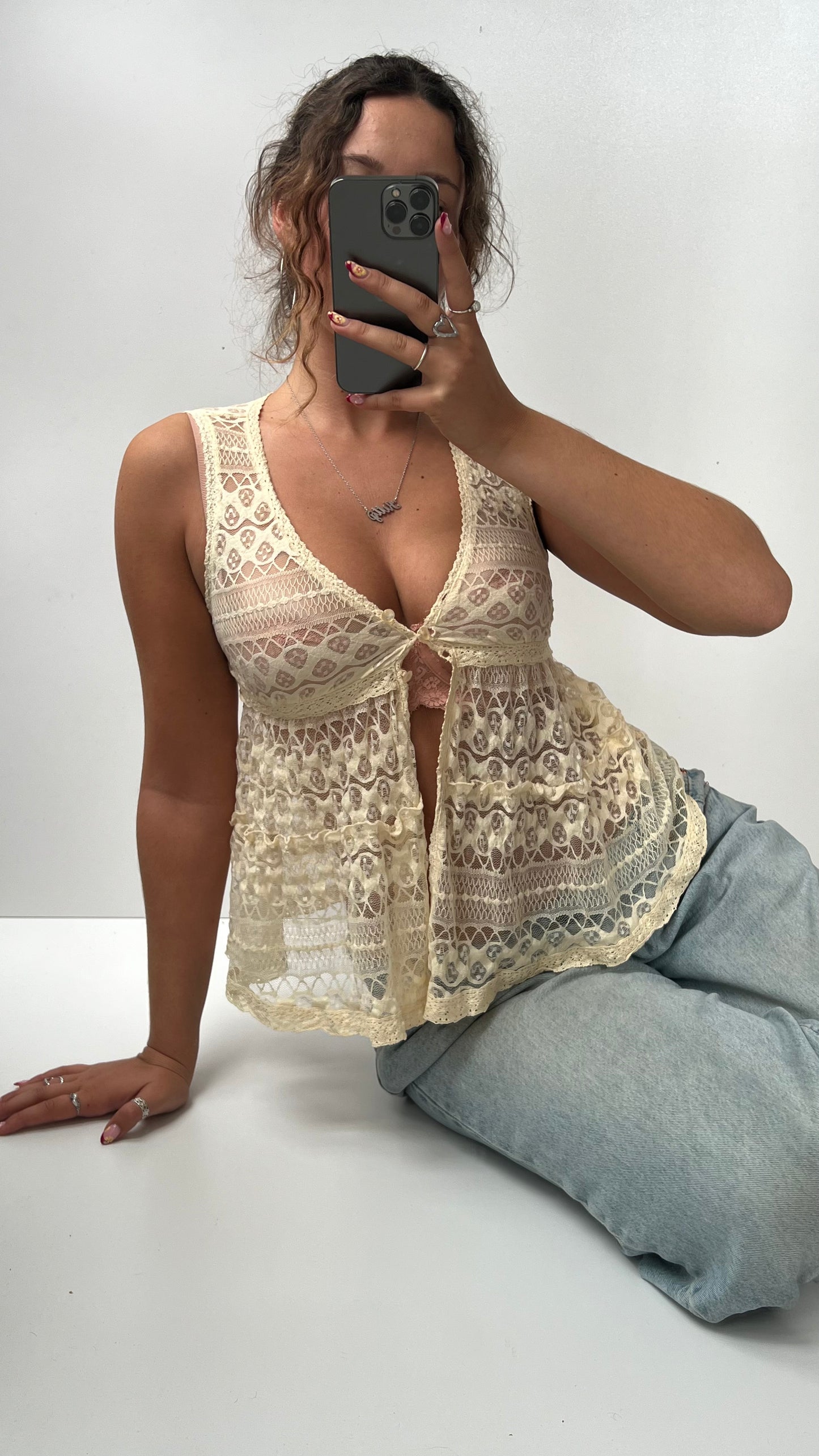 00s cream lace babydoll top- size S