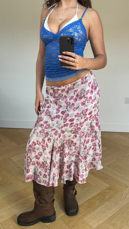 00s pink floral midi skirt- size S