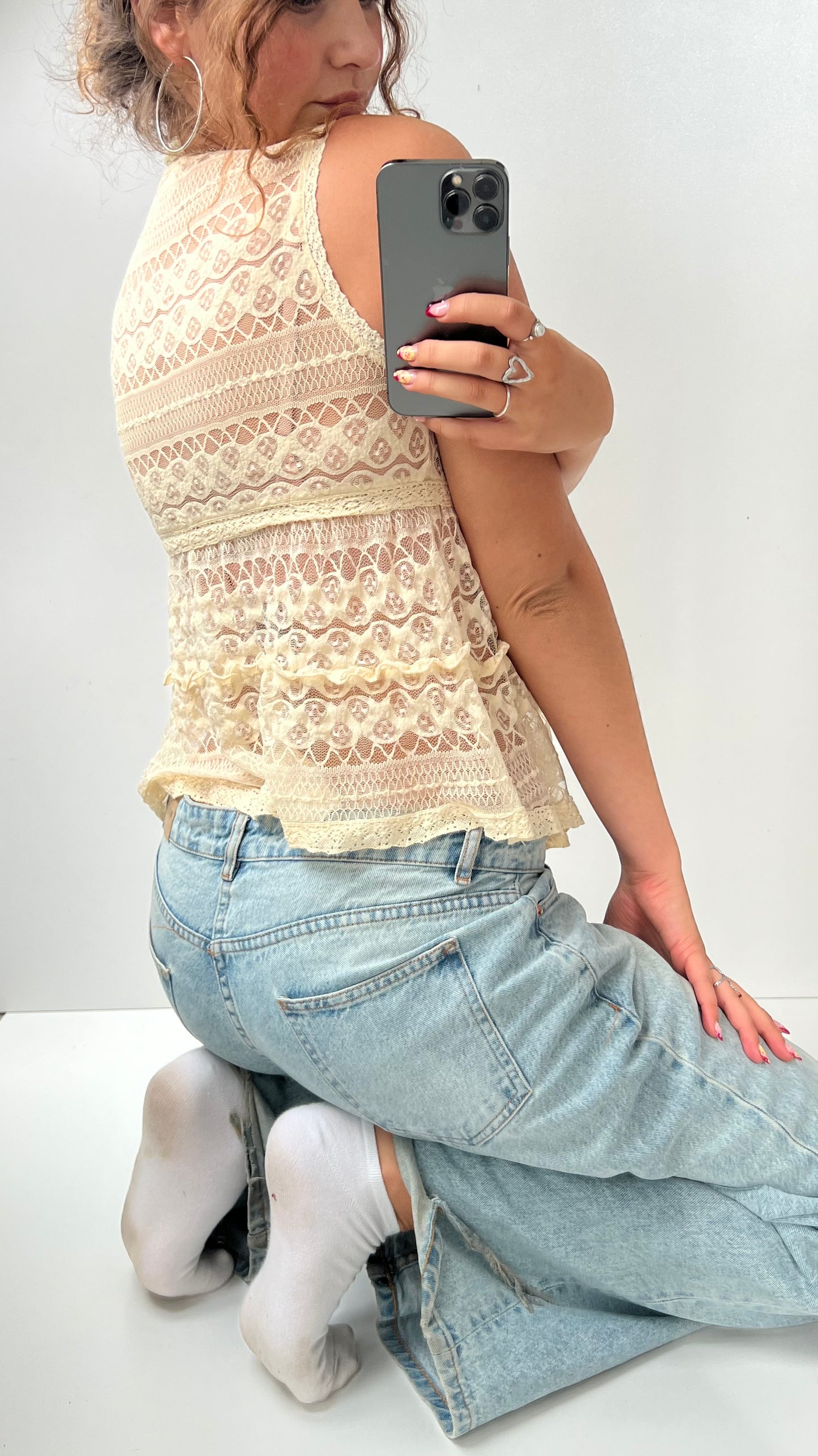 00s cream lace babydoll top- size S