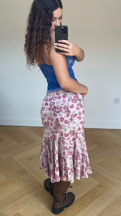 00s pink floral midi skirt- size S