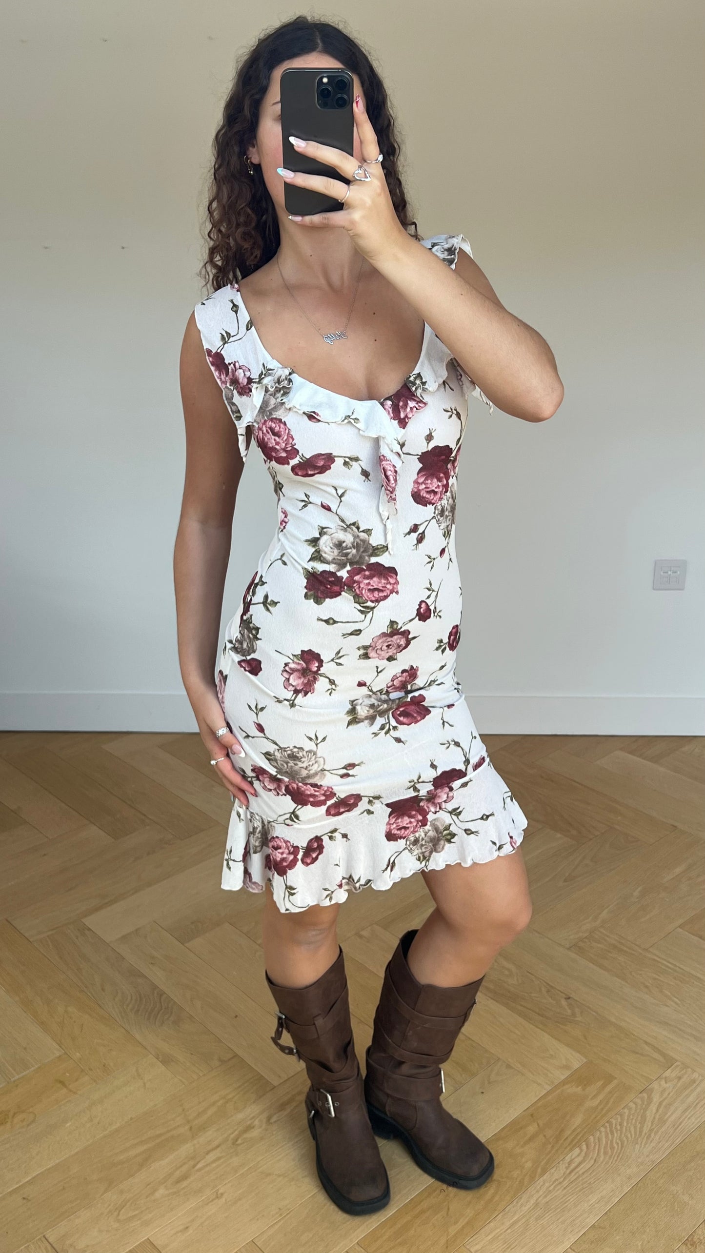 00s white floral midi dress- size S