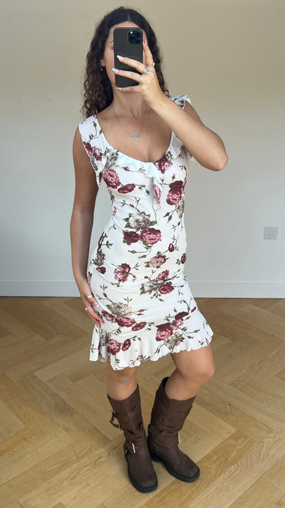 00s white floral midi dress- size S