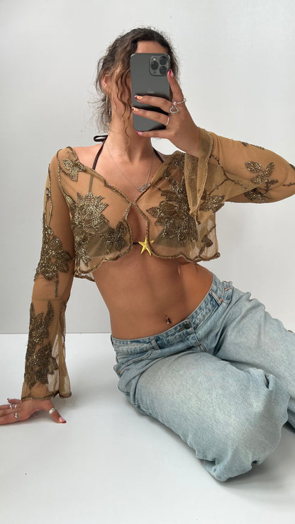 00s beige mesh beaded cardigan- size S