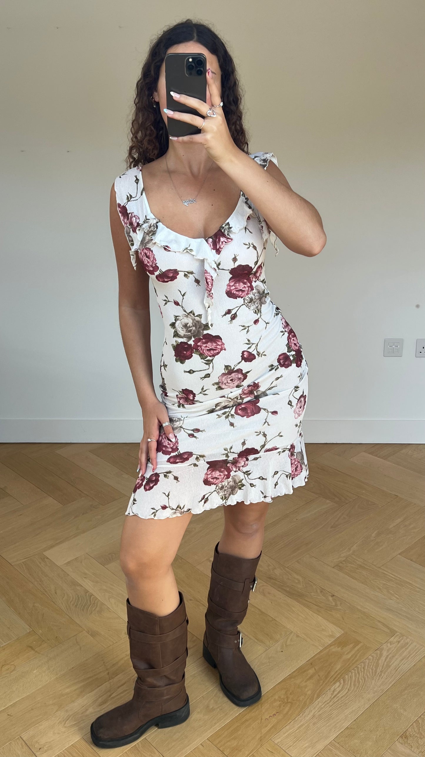 00s white floral midi dress- size S