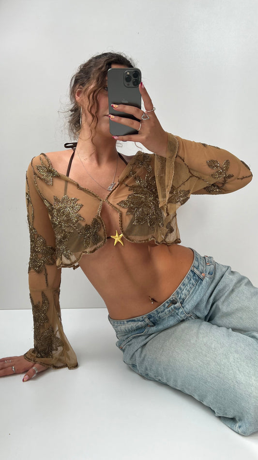 00s beige mesh beaded cardigan- size S