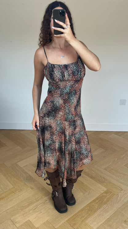 00s brown patterned midi dress- size M