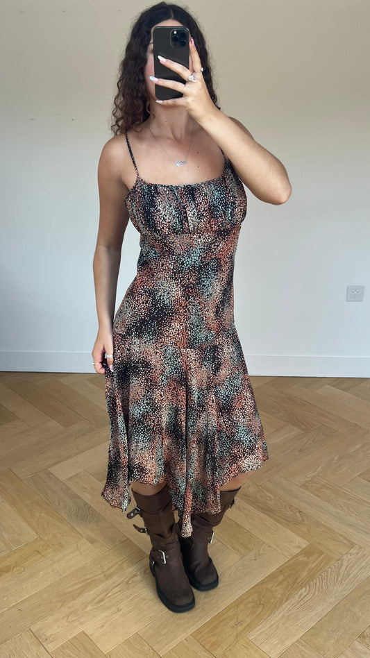 00s brown patterned midi dress- size M
