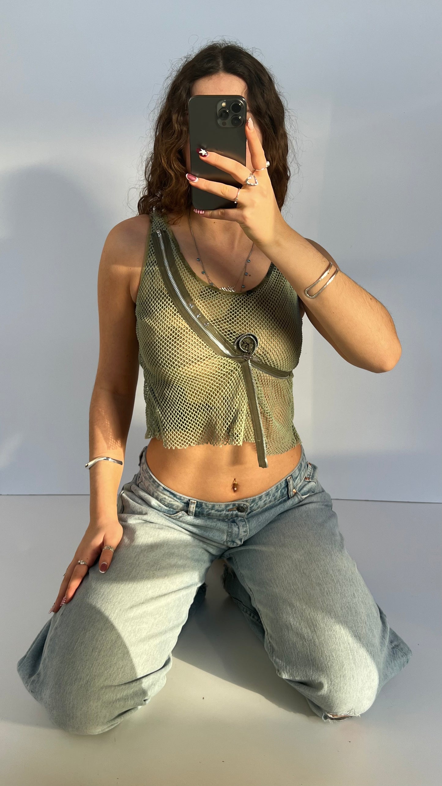 00s khaki fishnet tank top- size S
