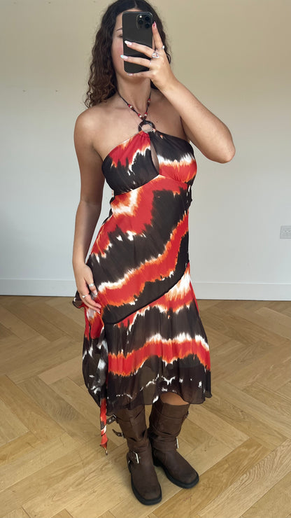 00s orange brown midi dress- size M