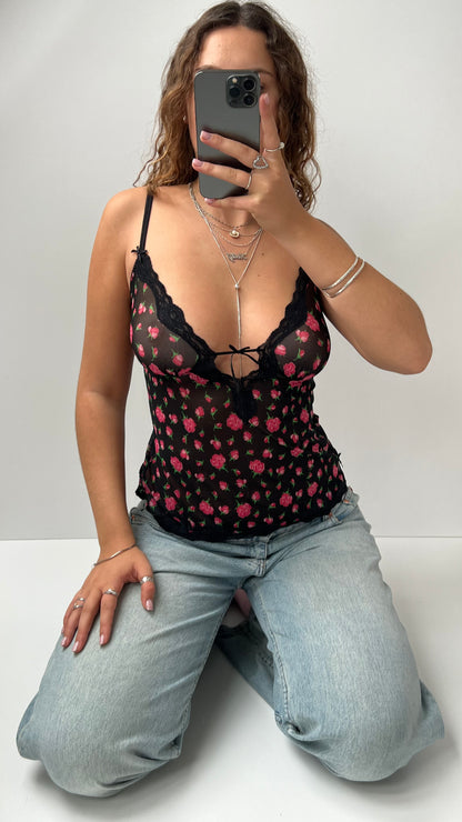 00s black mesh floral cami- size M