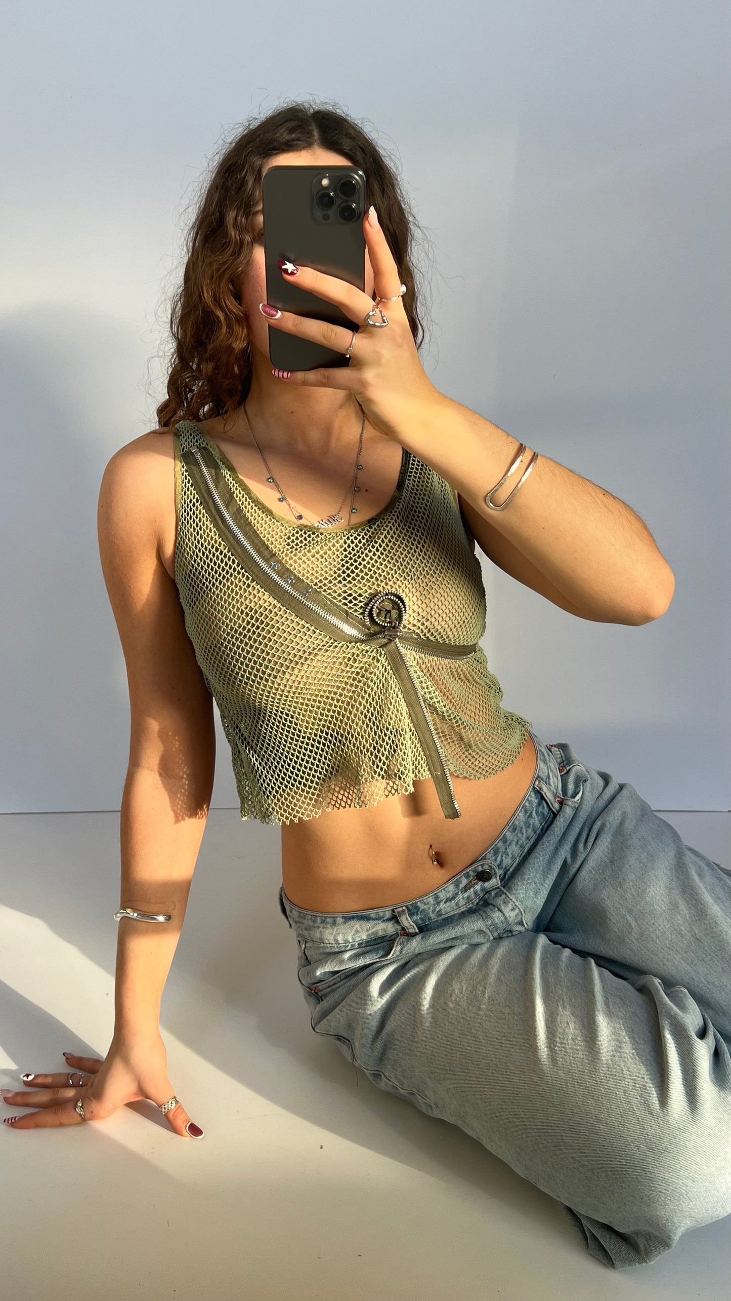 00s khaki fishnet tank top- size S