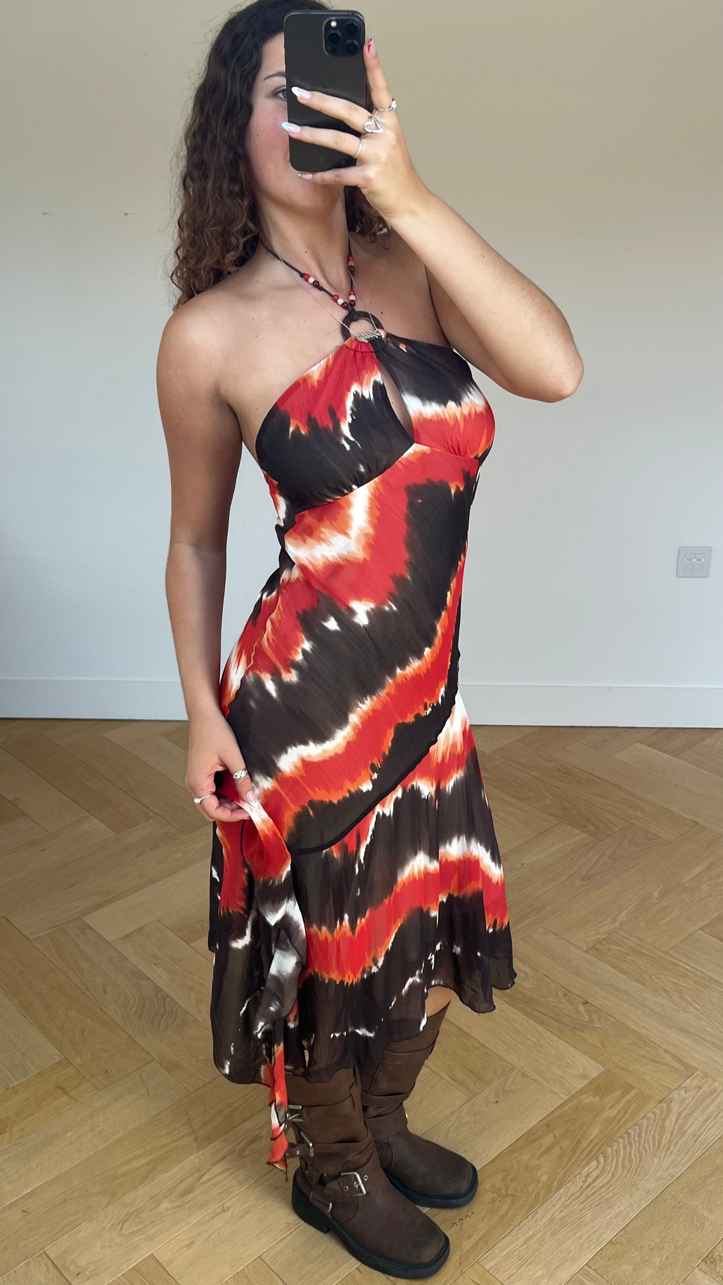 00s orange brown midi dress- size M