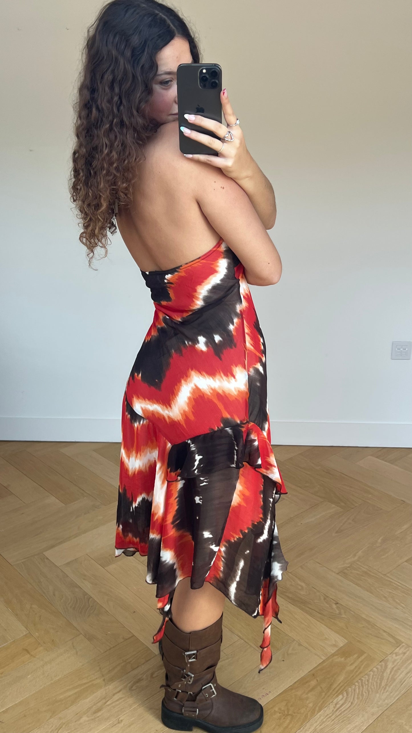 00s orange brown midi dress- size M