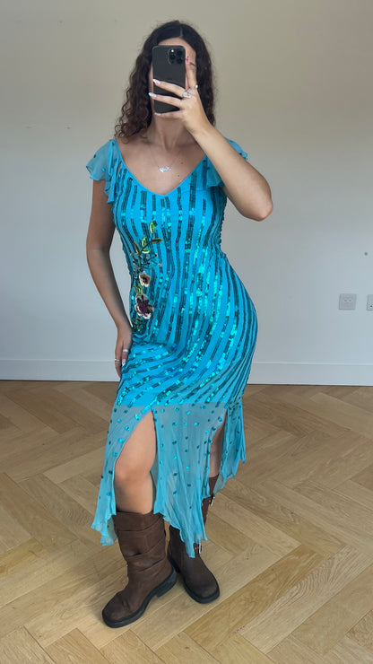 00s blue sequin maxi dress- size XL