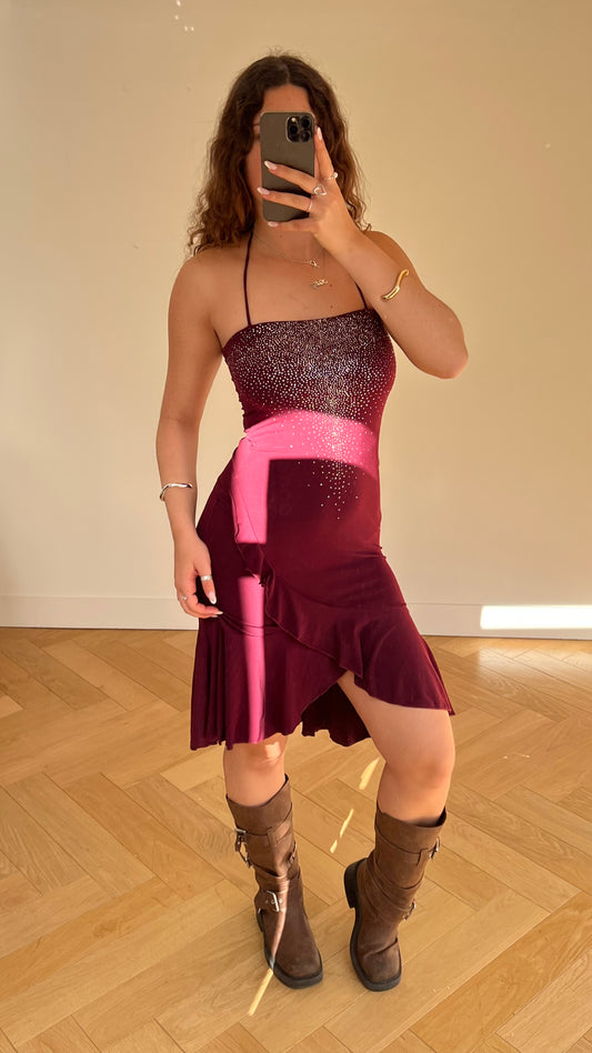 00s burgundy diamanté midi dress- size S/M